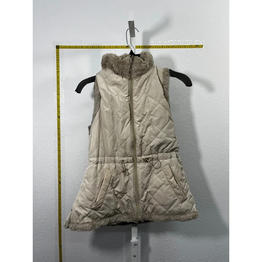 Quilted Faux Fur Lined Puffer Vest Beige Cinched Waist‎ Sleeveless Jacket Large